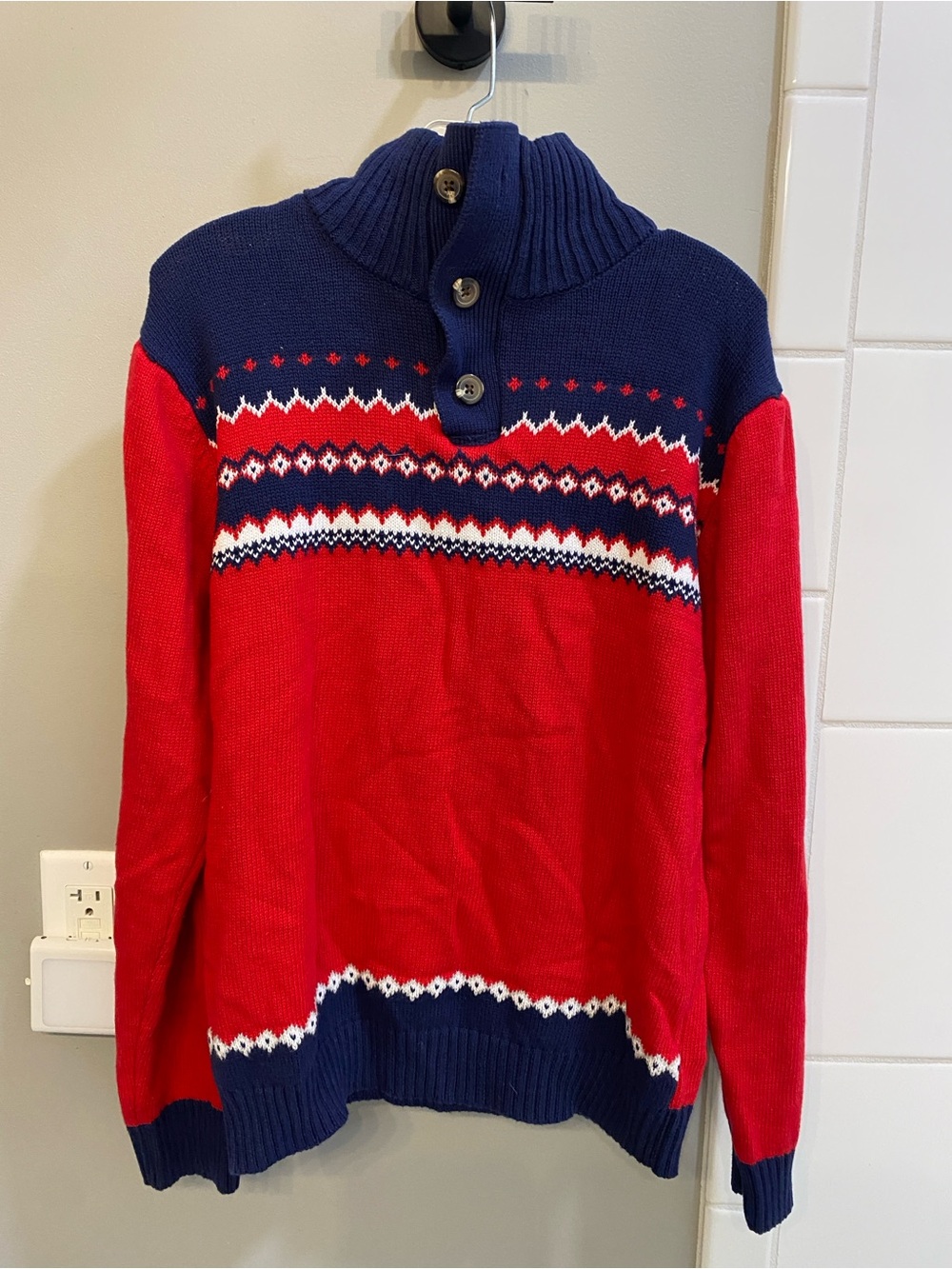 Izod Red and Navy Fair Isle Buttoned Funnel Neck Sweater / Size L (14/16) / VGUC